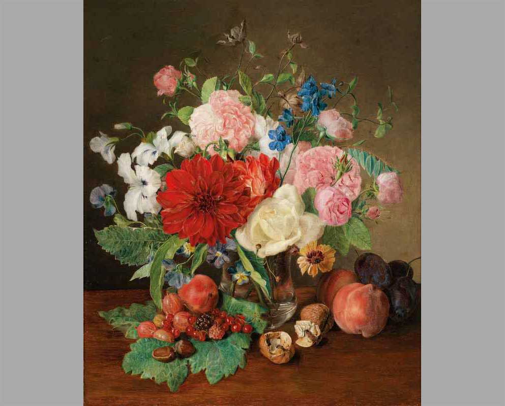 29 Натюрморт с цветами, орехами, ягодами и сливами