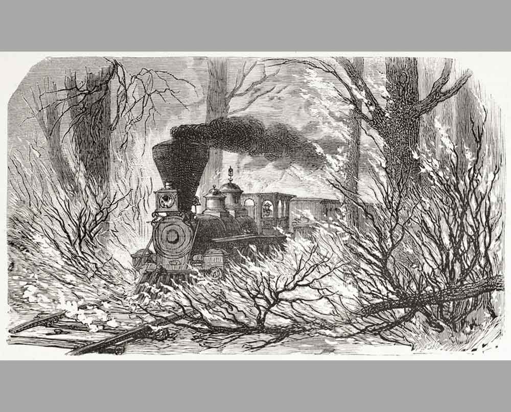 157 Гравюра Поезд, пересекающий лесной пожар