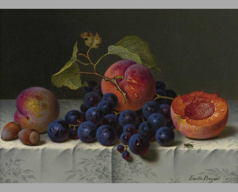 10 Эмили Прейер Натюрморт персики, виноград и орехи на столе