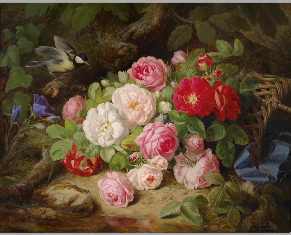 27 Йозеф Лауэр Натюрморт с розами и синицей