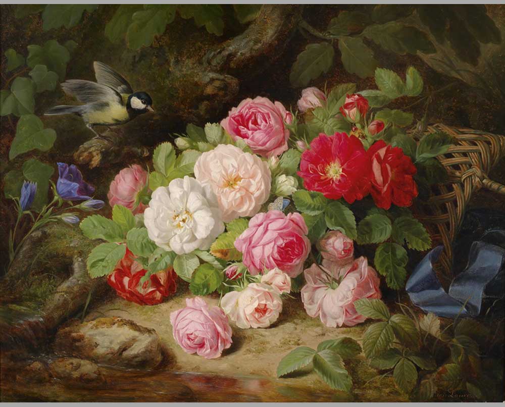 63 Йозеф Лауэр Натюрморт с розами и синицей