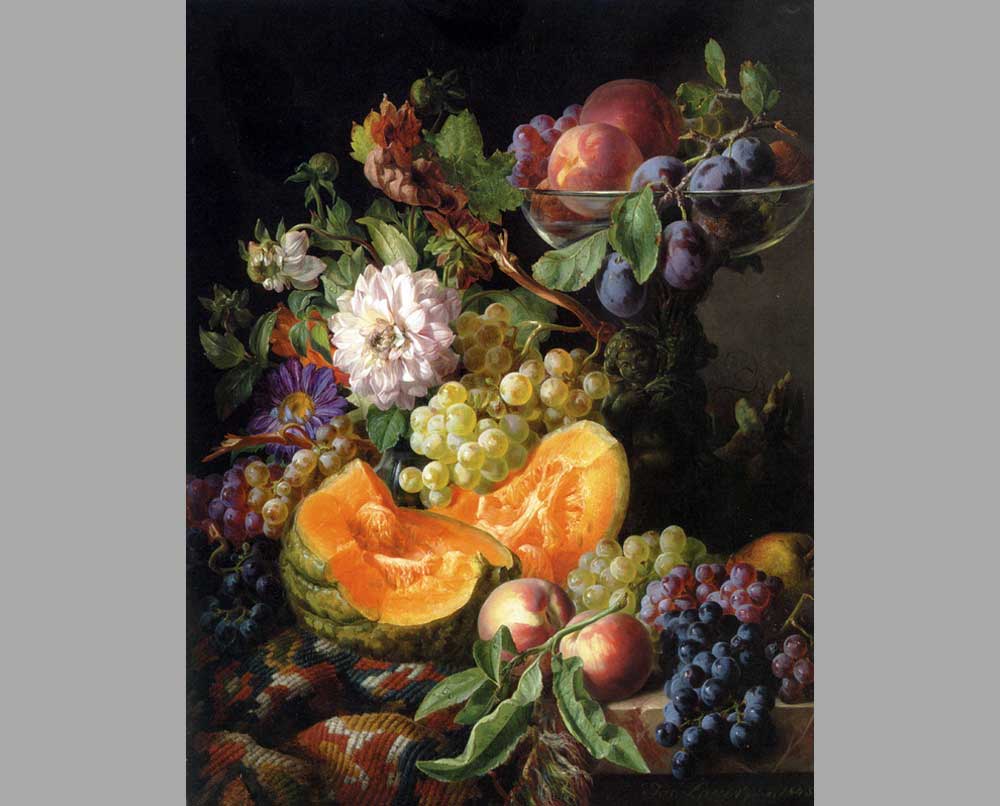70 Йозеф Лауэр Цветы и фрукты на драпировке